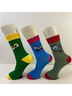 Unisex Crew Socks Set 3 Cartoon Face Print Green Blue Red Yellow White